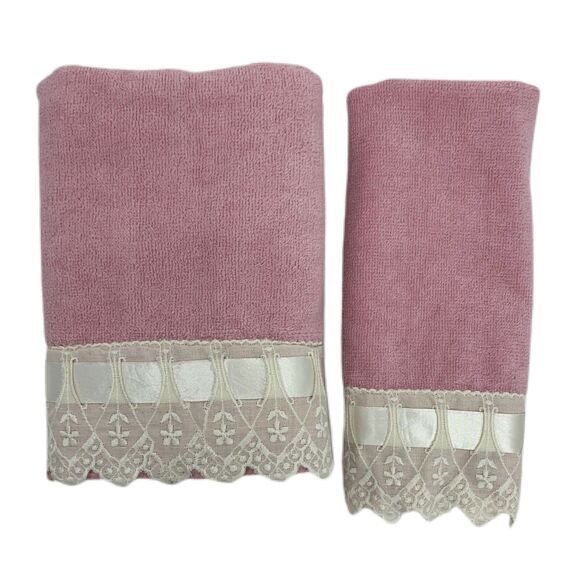 Floral Eyelet Lace Pink Avanti Hand Fingertip Towel Velour Vintage Romantic - Picture 1 of 6